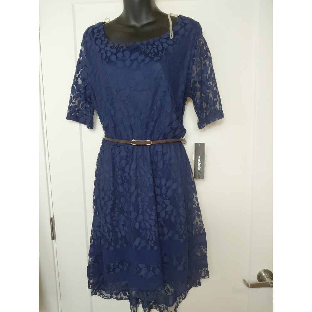 MyMichelle Size XL Navy Blue Belted Dress Feminine Lacy  Fully Lined Org $52
